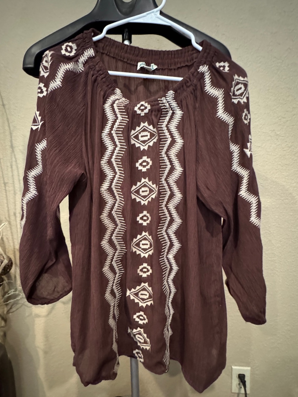 Bohemian Embroidered Peasant Tunic in Deep Brown